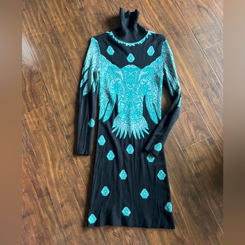 Boho Black & Teal Knit Sweater Dress | Abstract Eagle Print | Small